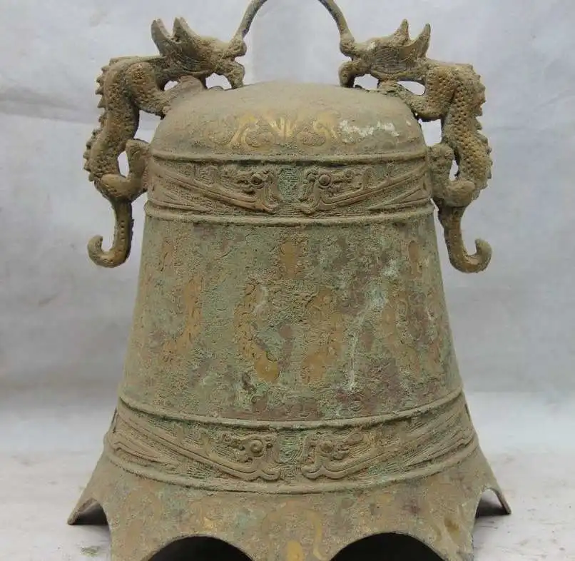 13&quot Chinese Folk Bronze Gilt Temple Beast Dragon Wild Animal Buddha Clock Bell | Дом и сад