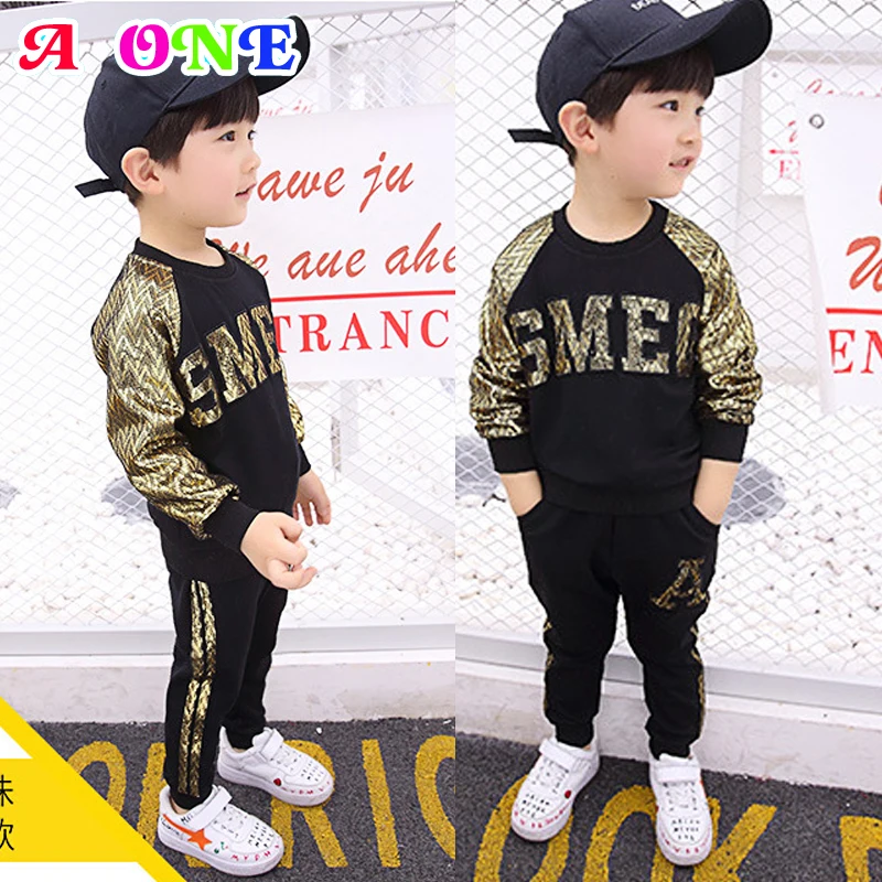 

boy sets clothes 2019 fashion new spring autumn Gold letter Sweatshirt + pants 2 pcs sets baby student fitness sets 100-150cm 76