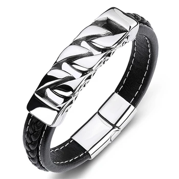 

Punk Men Jewelry Braided Leather Charm Bracelet Stainless Steel Magnetic Clasp Fashion Bangles 19/21/23cm