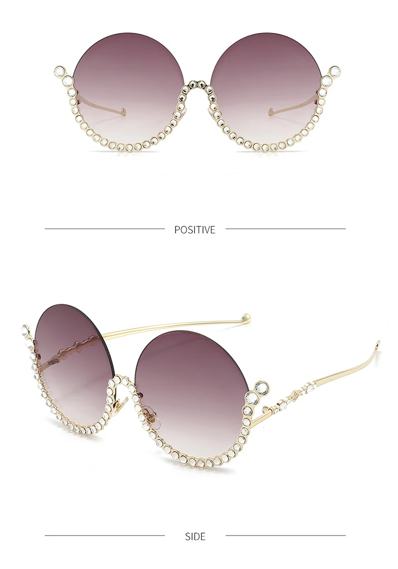 Luxus Runde Diamant Sonnenbrille Legierung Rimframe Kristall Shiny Sonnenbrille Weibliche Einzigartige Elegante Übergroßen Strass Shades UV400 – Detail 8