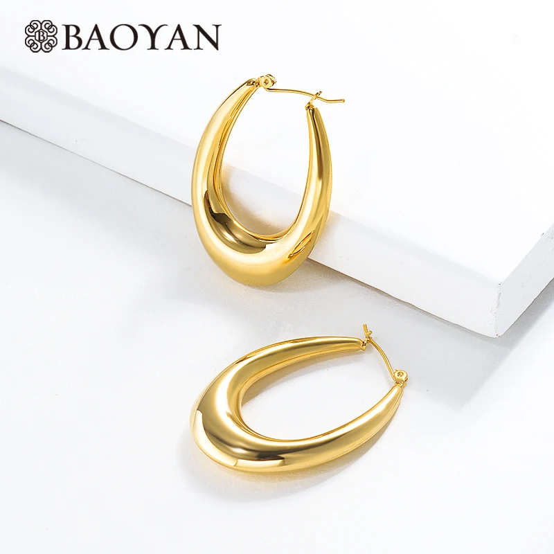 

Baoyan Hollow Oval Hoop Earrings Wholesale Big Loop Stainless Steel Earrings Minimalist Gold Plating TItanium Earrings For Women