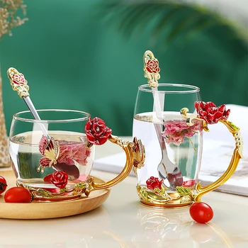 

Rose Beauty And Novelty Enamel Coffee Cup Mug Heat Resistant Glass Tea Cup And Saucer Set With Stainless Steel Spoon/Crystal Lid