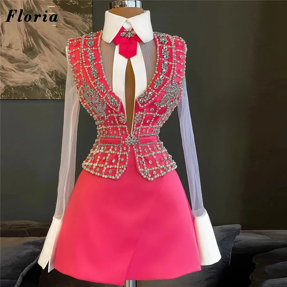 

Floria Formal Rose Beaded Evening Cocktail Dresses Robes De Soiree Arabic Jacket Dress Girls A Line Crystal Prom Party Gowns
