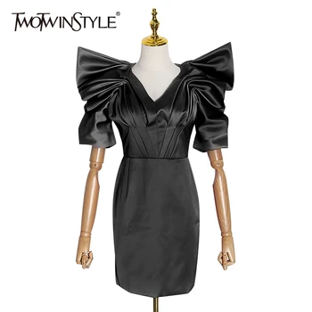 

TWOTWINSTYLE Casual Ruched Women's Dresses V Neck Puff Half Sleeve High Waist Mini Dress For Female 2020 Fashion Clothing Tide