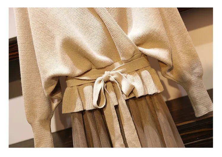 Neploe модный свитер газовая юбка набор женские осенние Глубокие платья с v-образным вырезом свитер летучая мышь+ сетчатая юбка 2 шт женский набор 55358