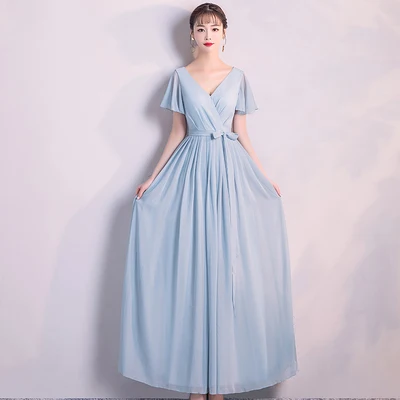 Розовое шифоновое длинное платье подружки невесты размера плюс, элегантное женское платье из тюля для свадебной вечеринки, сексуальное платье для выпускного вечера, Клубное синее длинное простое платье - Цвет: 1832 long blue gray