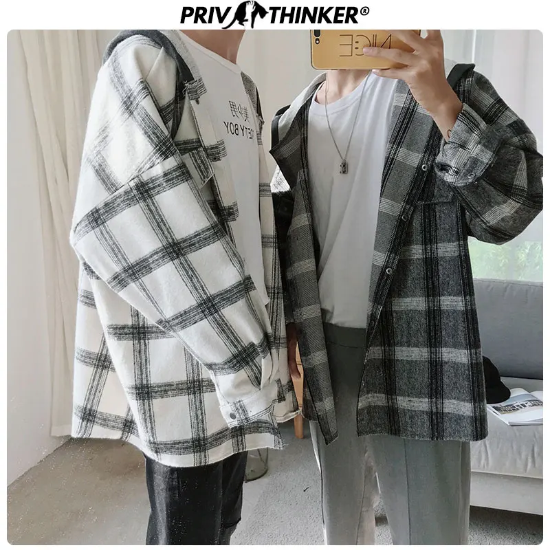 

Privathinker Mens Harajuku Plaid Hooded Wool Jackets Men 2019 Streetwear Jacket Coat Male Loose Thick Warm Korean Winter Outwear