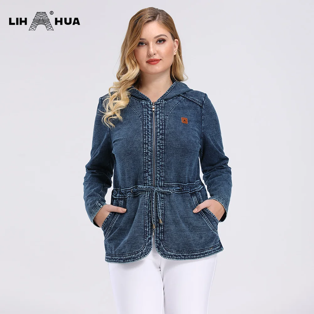 

LIH HUA Women's Plus Size Casual Denim Jacket high flexibility Slim Fit hoodie jacket Shoulder pads for clothing