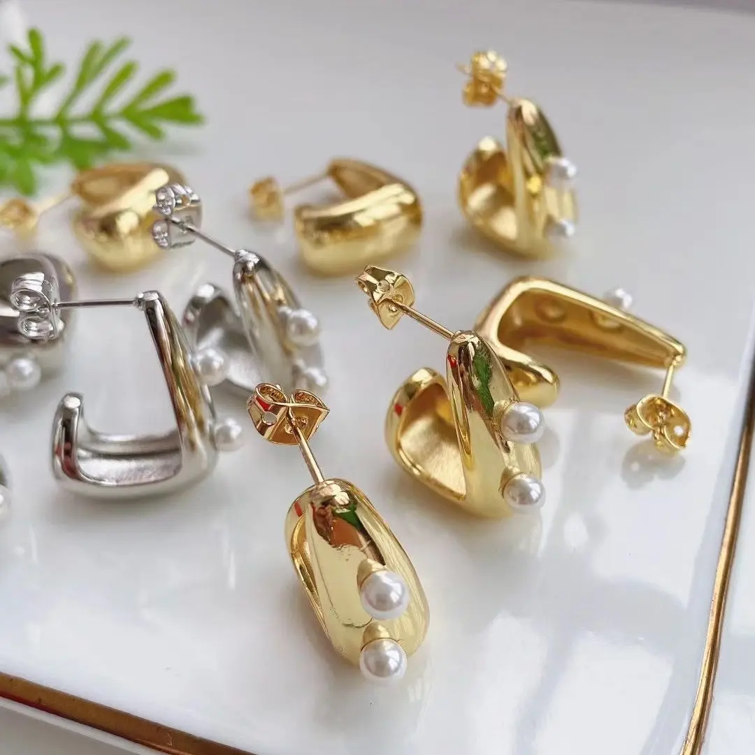 

5 Pairs, New Design Earring Gold Silver Color Plated Geometric Stud Earring with Pearl for Women Girl
