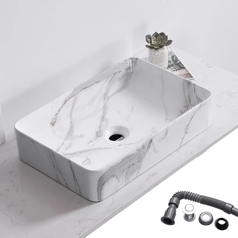 Marble Pattern Art Ceramic Basin Sinks Above Counter Wash Basin Home Bathroom Vessel Sink Square Wash Basin with Accessories