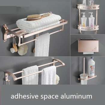 

Adhesive Rose Gold Bathroom Set Accessories Double Towel Rack Wall Toilet Brush Holder Space Aluminum Pink Gold Bathroom Accesso