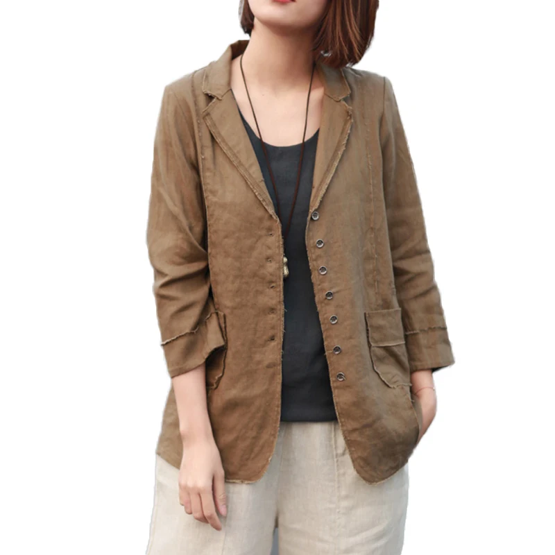 

Vintage Suit Jacket Women Oversized Cotton And Linen Lapel Nine Sleeve Casual Blazer 2019 New Spring Shirt Coat
