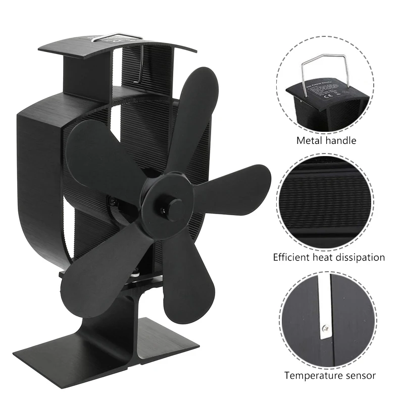 

Stove Fan Heat Powered Fire Place Wood Log Burner Accessory Heat Efficient Black
