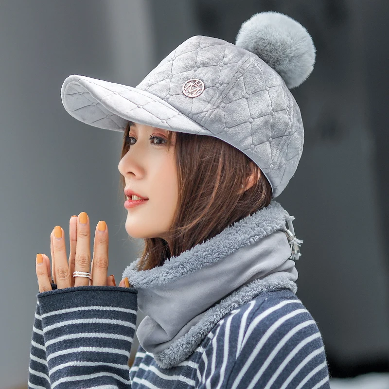 Бейсбольная кепка и шарф из замши с буквенным принтом «M», комплект из 2 предметов, Женская регулируемая бейсболка с помпоном, Кепка с козырьком, осенне-зимняя женская теплая шапка - Цвет: Grey