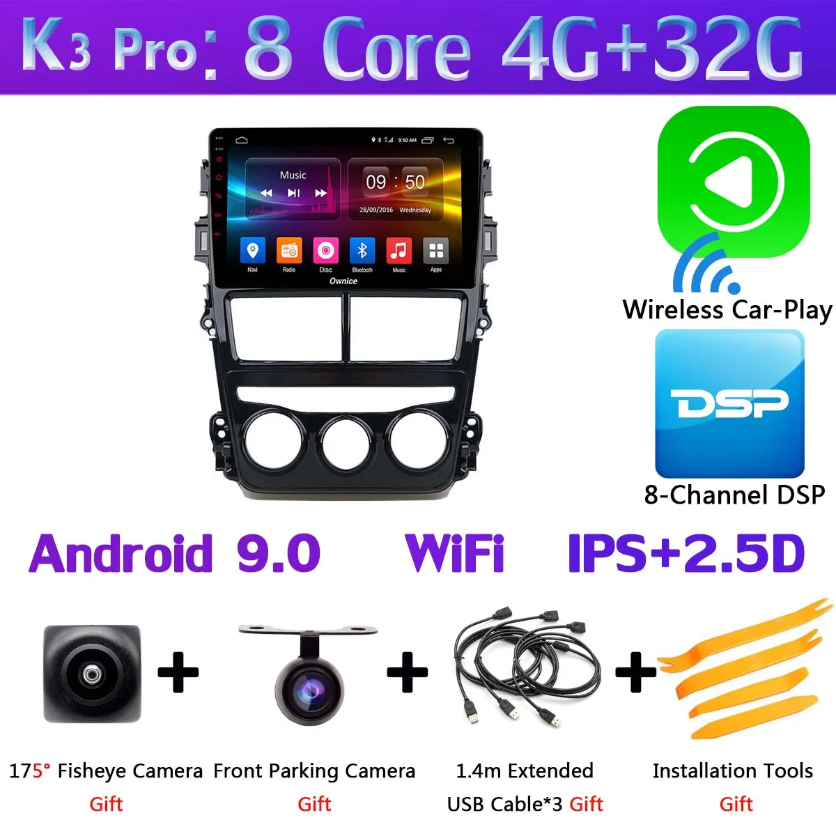 Панорамная камера 360 ° Android 9,0 Восьмиядерный 4G+ 64G DSP CarPlay Автомобильный плеер для Toyota Yaris Vios MT на gps радио - Цвет: K3 Pro CarPlay