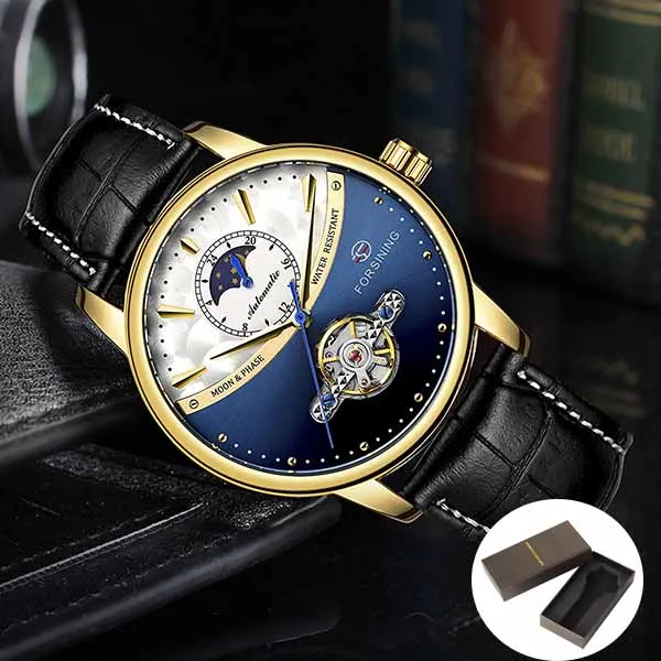 FORSINING Новая мода Tourbillon механические часы лучший бренд роскошный механический автоматический наручные часы для мужчин Relogio Masculino - Цвет: GoldBlueBox