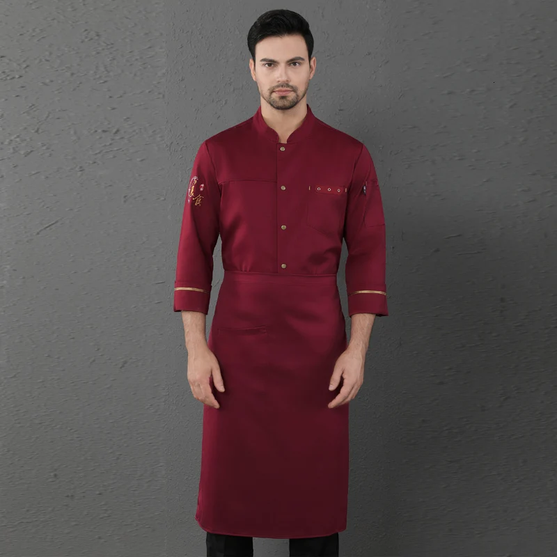 С длинным рукавом Ресторан униформа Стенд воротник шеф-повара куртка пальто кухня рабочая одежда питание повара выпечки куртка мужская карман одежда - Цвет: Red-A