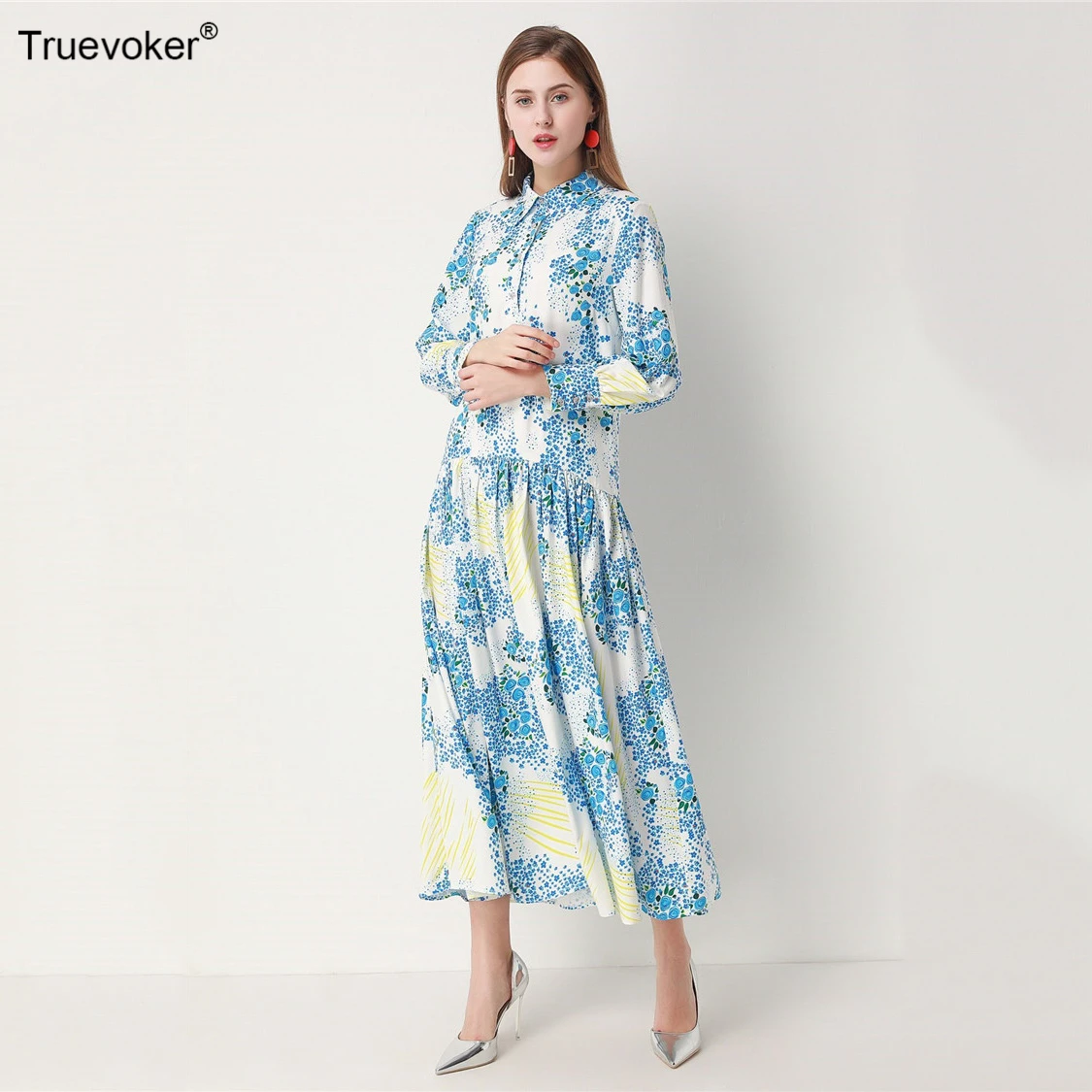 Truevoker весенние Подиумные длинные платья макси для девушек с голубым цветочным принтом длиной до щиколотки праздничные платья для отдыха