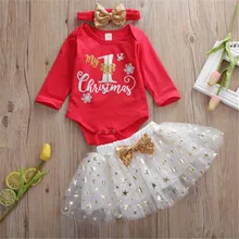 My 1st Christmas/комбинезон для маленьких девочек, белое кружевное платье с фатиновой юбкой комплект одежды с украшением в виде золотых звезд Рождественская одежда на возраст от 0 до 18 месяцев