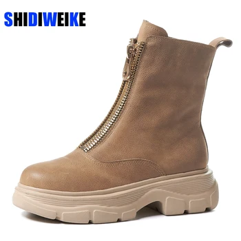 

2020 Genuine Leather Platform Flat Ankle Boots Women Shoes Round Toe Zipper Female Short Boots Autumn Winter Apricot Size 42