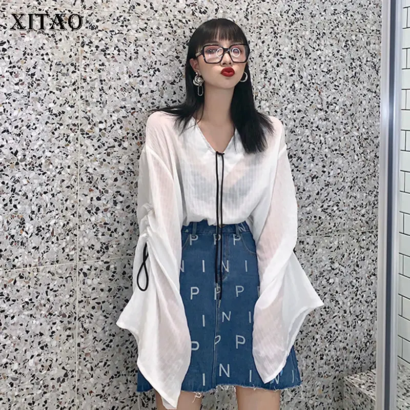 

XITAO Thin Plus Size Women Blouse Women Clothes 2019 Minority Elegant Autumn V Neck Casual Pullover Perspective Shirt WQR1384