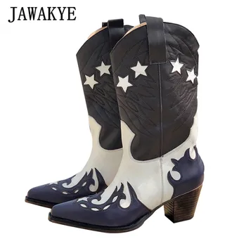 

Runway Design Embroidery Totem Chelsea Boots Woman Real Leather Kitten Heel Knight Boots Retro Pointed Toe Western Cowboy Boots