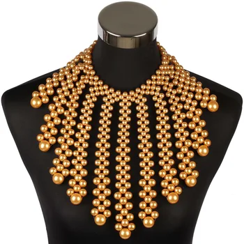 

Florosy Simulated Pearl Bib Big Long Bead Pendant Necklace for Women Chunky Statement Ball Handmade Tassel Female Wedding Jewel
