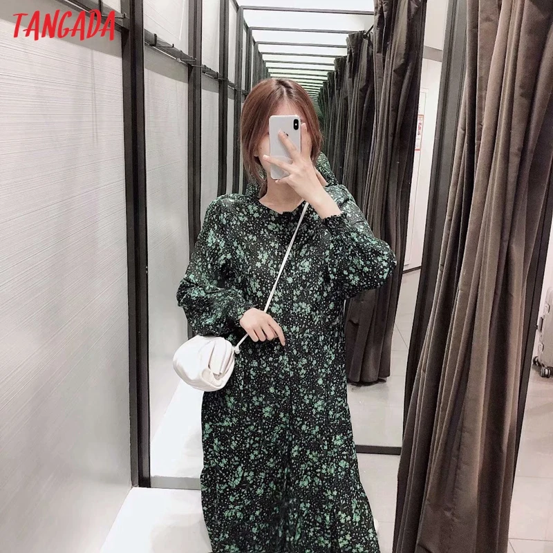 Tangada осенние женские винтажные цветочные платья с длинным рукавом и круглым вырезом модное плиссированное платье до середины икры vestidos feminina 5Z47