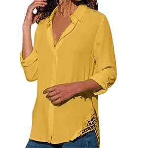 Yvlvol informal-Blusa de manga larga con botones para mujer, camisa sexy Lisa para oficina, ajustada, talla grande, 2021