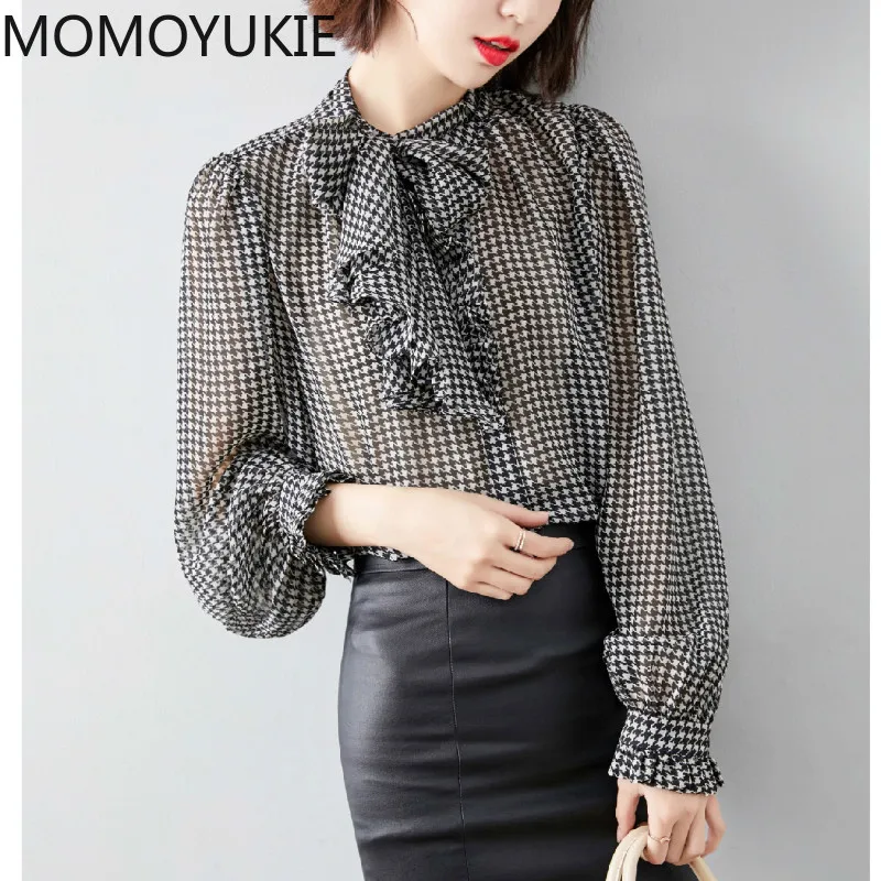 Camisa con lazo a cuadros para mujer, camisa de manga larga con volantes, blusa para mujer, blusa de talla grande 2021