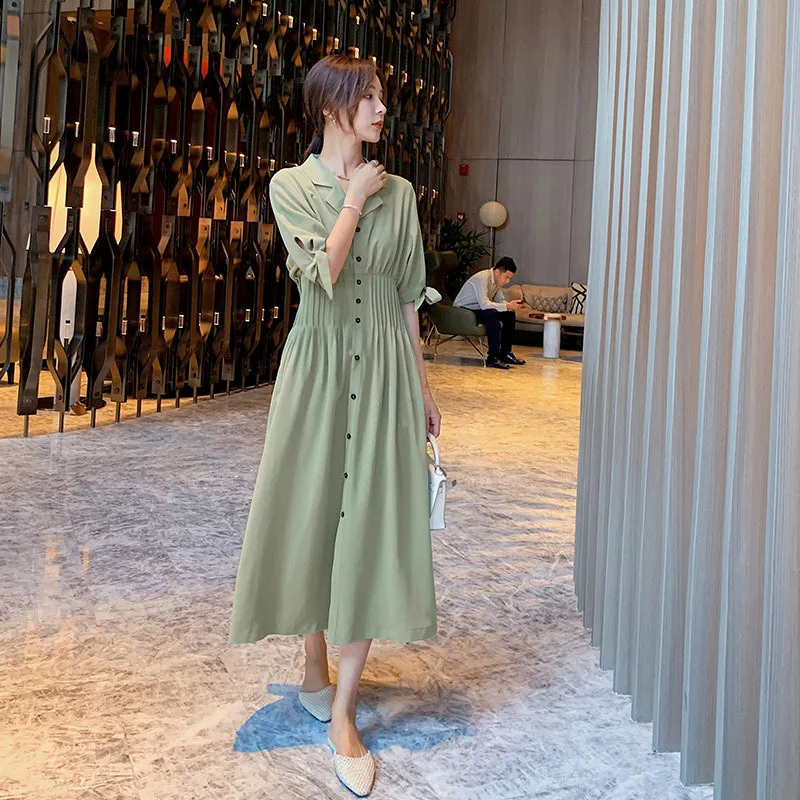 

Photo Shoot Chiffon Shirt Collar Dress Women's Summer 2019 French Waist Hugging Retro Elegant Korean-style Slim Fit A- line Skir