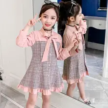 Платья для девочек лоскутное клетчатое платье для девочек, однобортные вечерние платья для детей, Осенние элегантные платья трапециевидной формы в консервативном стиле для девочек