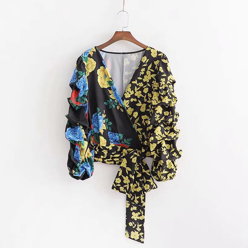 Новинка, женское винтажное кимоно с v-образным вырезом и цветочным принтом, с бантом, женская блузка, плиссированные Блузы с рукавами-фонариками, топы LS4116 - Цвет: as pic LS4116XD