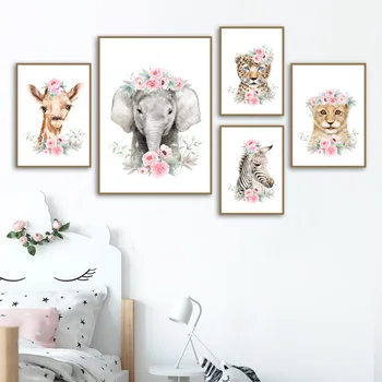 

Elephant Lion Giraffe Tiger Leopard Flower Wall Art Canvas Painting Nordic Posters And Prints Wall Pictures Baby Kids Room Decor