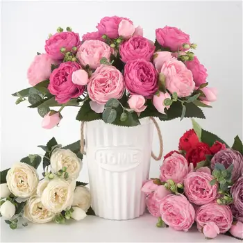 

30cm Rose Pink Silk Bouquet Peony Artificial Flowers 5 Big Heads 4 Small Bud Bride Wedding Home Decoration Fake Flowers