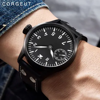 

Corgeut 44mm Mechanical Men Watch 17 Jewels Hand Winding 6497 Seagull ST3600 Fashion Luminous Leather Strap Wristwatch Men