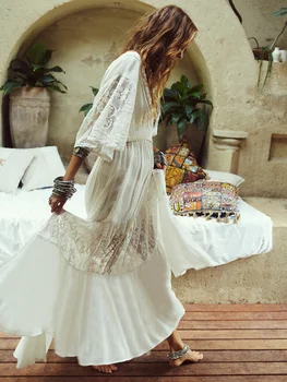 

Melphieer Lace Patchwork White Beach dress Ladies Swimwear Beach Cover up Bikini Tunic Long Pareos Robe Plage Beachwear dress
