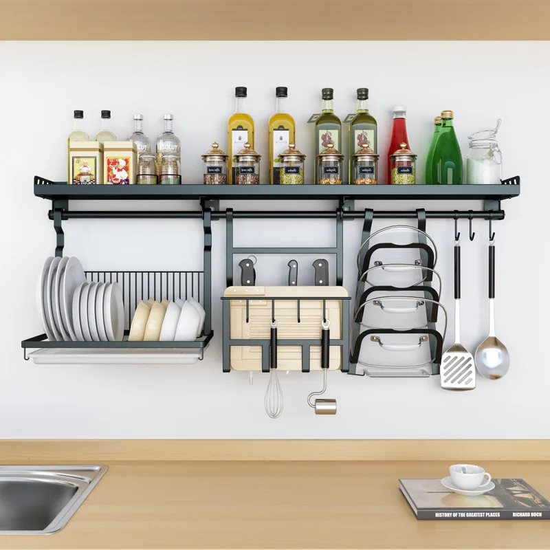 

Stainless Steel Kitchen Shelf Wall Hanging Household Hole Punched Seasoning Hook Pendant Multi-functional Storage Rack Nailless