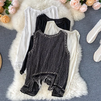 

Xia Women's Temperament Chiffon Shirt Beaded Tassel Sleeveless Top