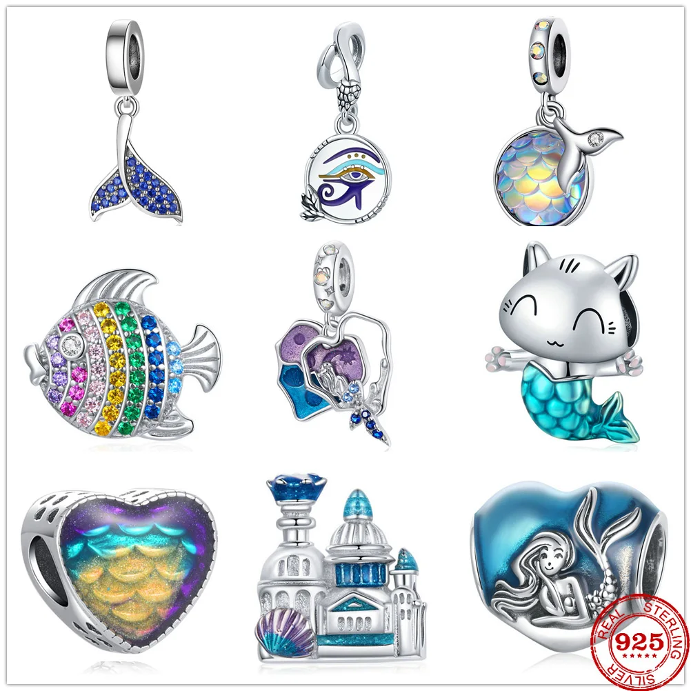 Genuine 925 Sterling Silver Blue Fish Mermaid Castle Charm Beads for Bracelet