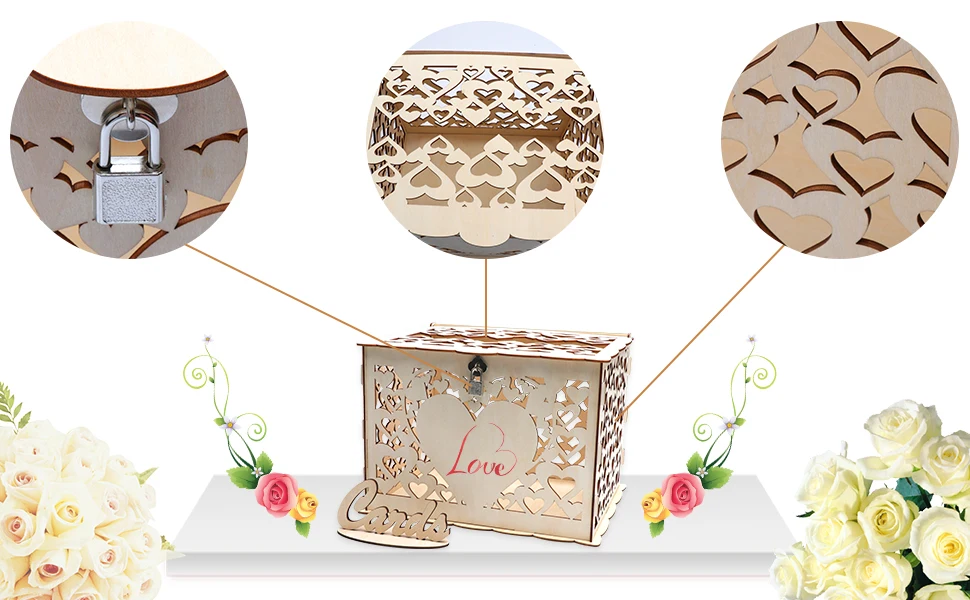 OHEART Rustic DIY Wedding Card Box Wood Gift Box with Lock Money Box Hollow Hearts Shaped Gift Card Box Sign Anniversary Party