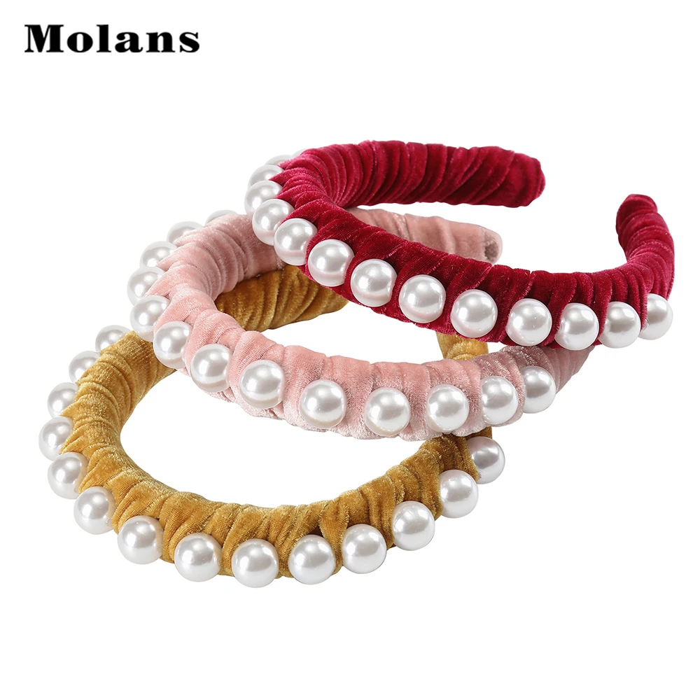 

MOLANS Big Pearl Hair Hoop Velvet Pleated Fashion Headband Women Trend Hair Accessories Elegant Hair Band Turban Bezel 2019 New