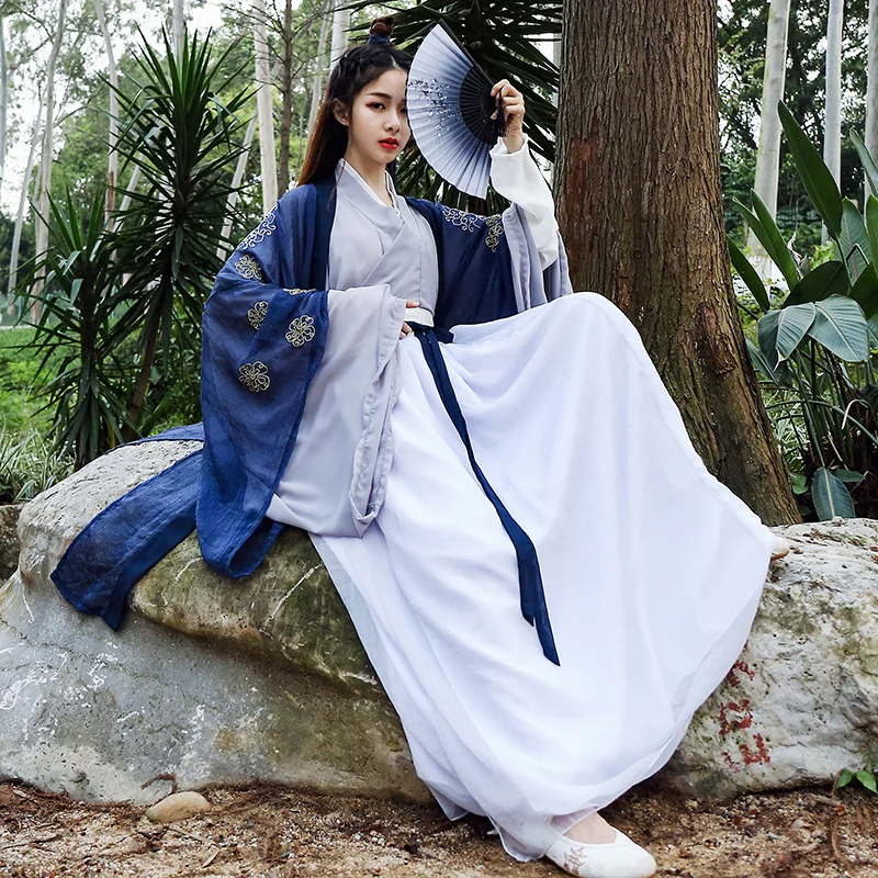 Синий Вышивка танцевальные костюмы Hanfu для женщин народный фестиваль наряд певцы рейв представление одежда древняя фея платье DC2723