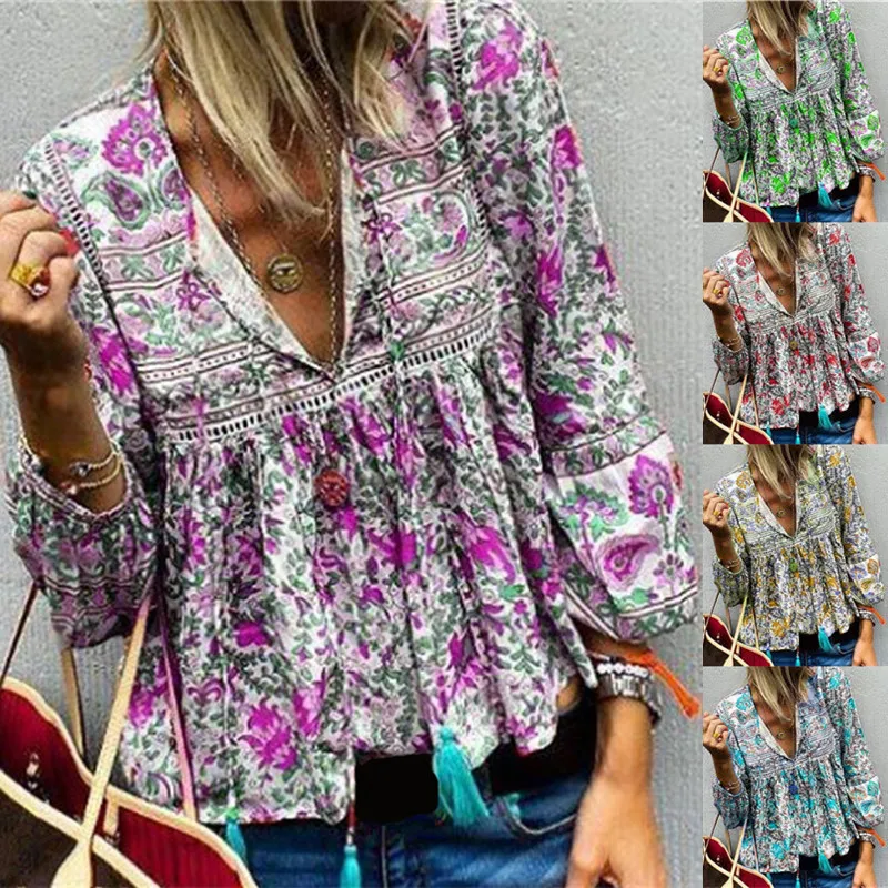 

5 Colors Long Sleeve V Neck High Waist Retro Printed Loose Autumn Women' Sweet Blouse