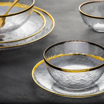 

Gold Glass Bowl Dish Transparent Hammer Grain Glass Dessert Steak Plate Salad Fruit Bowl Dinnerware Main meal plate