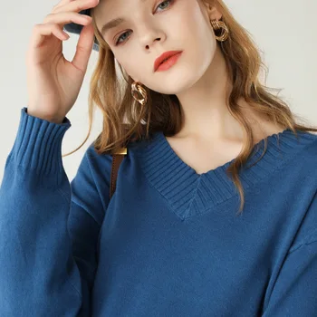 

New sweater autumn and winter women's new loose loose head lazy knit V-neck full sleeve sweater regular Soft and comfortable