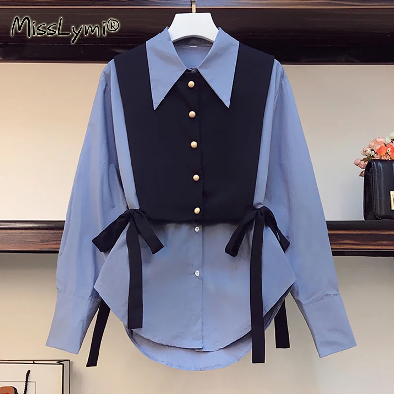 L-4XL de talla grande conjunto de dos piezas para mujeres blusas primavera 2021 moda de venta al por menor arco chaleco y camisas de manga larga Vintage señoras Tops