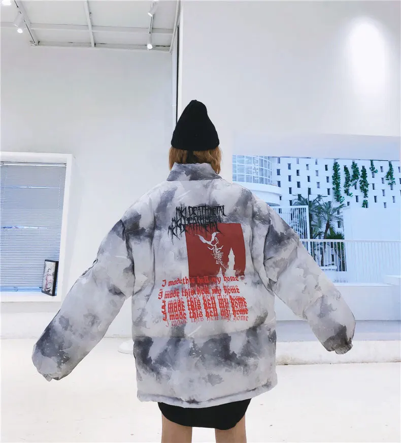 GONTHWID Creative Graffiti Ink Tie Dye Print Parka Jackets Streetwear Hip Hop Hipster Punk Rock Cotton Padded Puffer Parkas Coat