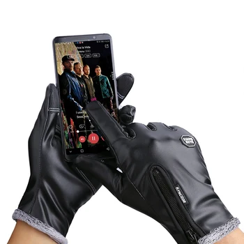 

Hot Men Women Winter Leather Plus Velvet Warm Black Glove Driving Touch Screen Zipper Windproof Outdoor Motorcycle Gloves