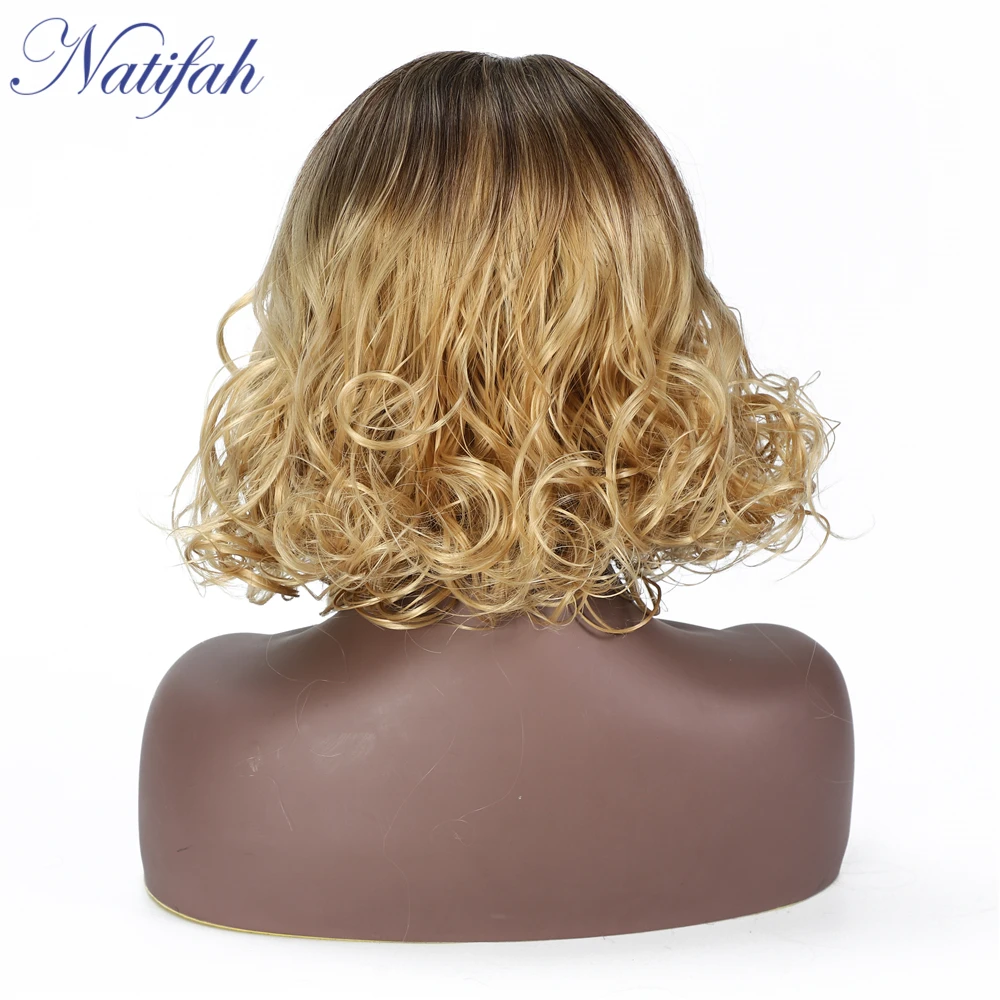 Natifah Ombre блонд парик короткий парик перука синтетические парики на кружеве 150% плотность тела волна боковая часть парики для женщин